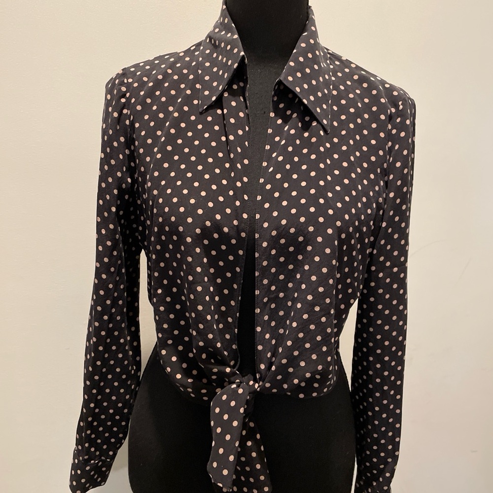 Maggy LondonTie-Front Blouse Size10P Brown Pink PolkaDots Vintage Inspired Retro